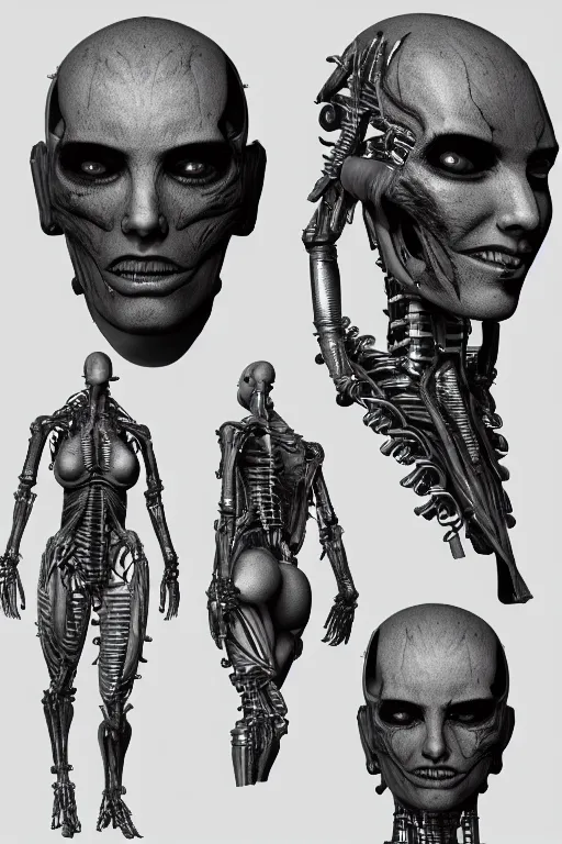 Prompt: cyborg mutant with gunmetal grey skin, medical anatomy, very symmetrical face, highly detailed, japanese mecha implants, three - perspective / three - view reference sheet ( front / back / side ), in the style of dan ouellette, dren from splice, hr giger, sil from species, artstation, unreal engine