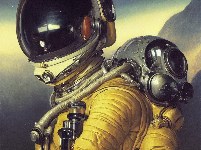 Prompt: a detailed profile oil painting of pilot in a spacesuit with reflective visor, flight suit, portrait symmetrical and science fiction dieselpunk theme with aurora lighting by beksinski carl spitzweg and tuomas korpi. baroque elements, full-length view. baroque element. intricate artwork by caravaggio. Trending on artstation. 8k