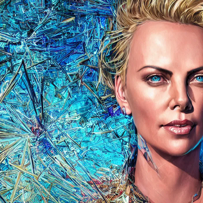 Prompt: portrait of Charlize Theron at Burning Man. intricate abstract. intricate artwork. by Tooth Wu, wlop, beeple, dan mumford. octane render, trending on artstation, greg rutkowski very coherent symmetrical artwork. cinematic, hyper realism, high detail, octane render, 8k, iridescent accents