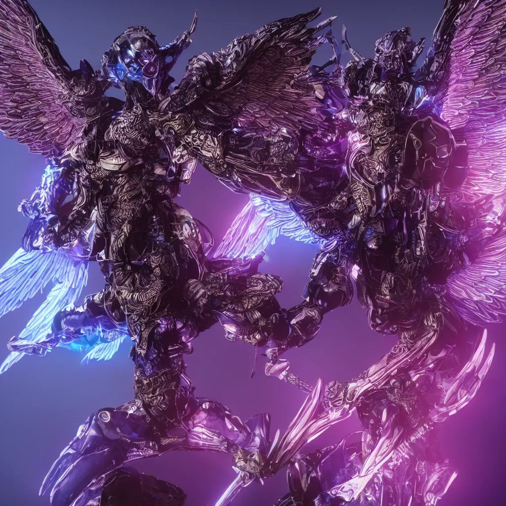 Image similar to a photo of 8k ultra realistic archangel with 6 wings, full body, intricate purple and blue neon armor, ornate, cinematic lighting, trending on artstation, 4k, hyperrealistic, focused, high details, unreal engine 5, cinematic