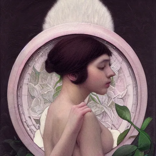 Image similar to white cat, botanical, portrait face, colorful, frantisek kupka, intricate, miles johnston, kuroda seiki, cynical realism, ozabu, john william godward, painterly, yoshitaka amano, moebius, miles johnston, louise zhang, james jean, mark ryden lowbrow pop surrealism art style