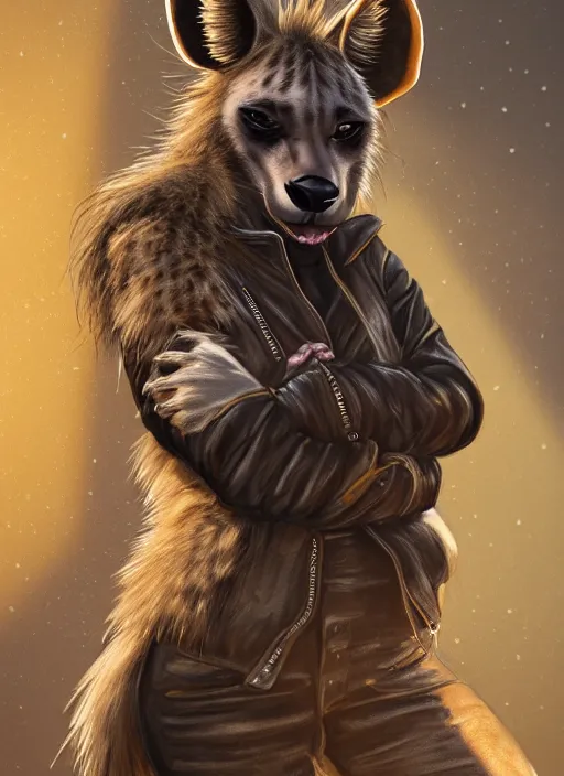 Image similar to award winning beautiful portrait commission of a female furry anthro hyena fursona with a bushy tail and a leather jacket, detailed background, urban streets, artificial lighting, cute, beautiful, attractive, detailed,