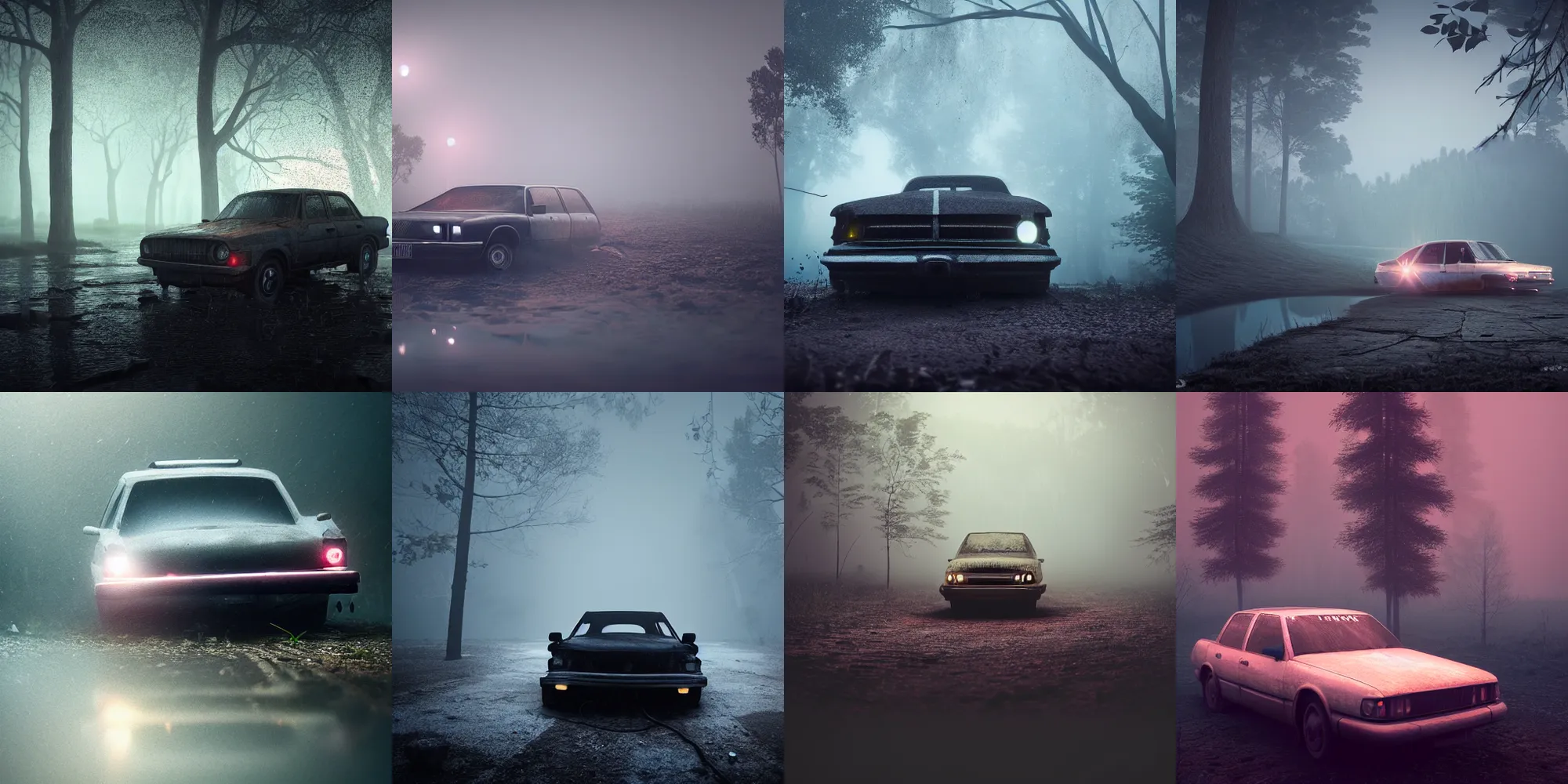 Prompt: sinking old car with headlights on in beautiful dark foggy swamp, in the style of beeple and Mike Winkelmann, intricate, epic lighting, cinematic composition, hyper realistic, 8k resolution,