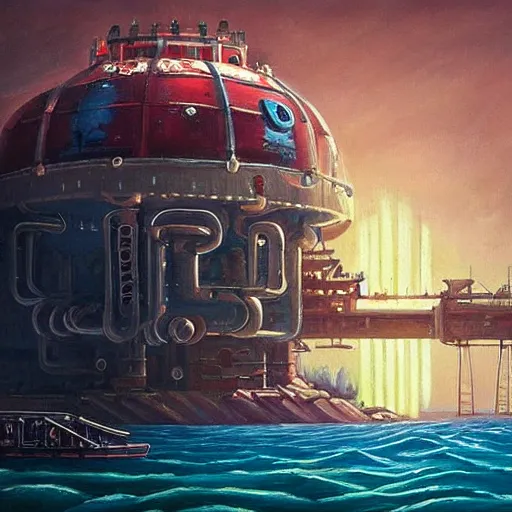 Image similar to beautiful painting of a giant mechanical theatre under the ocean in the style of Simon Stålenhag and H. R. Giger