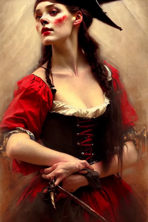 Prompt: solomon joseph solomon and richard schmid and jeremy lipking victorian genre painting portrait painting of a young beautiful woman traditional german french actress model pirate wench in fantasy costume, red background