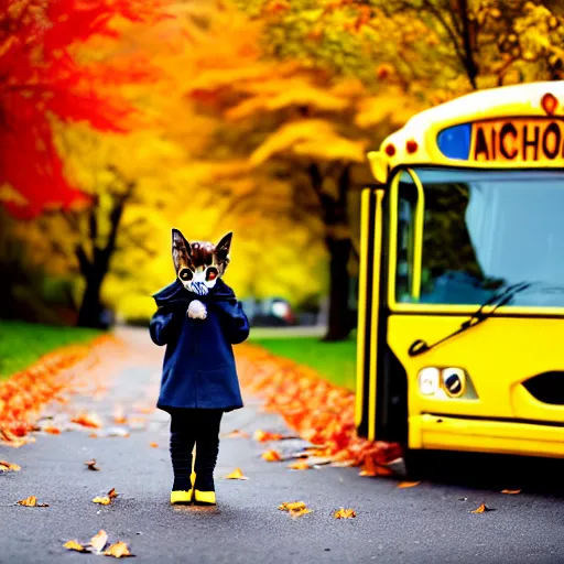 Image similar to anthropomorphic cute kitten wearing a yellow raincoat and yellow boots and red backpack standing next to a schoolbus on the first day of kindergarten, with colorful fall leaves and light rain, critical moment photograph