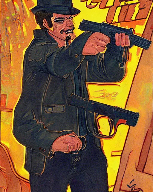 Image similar to detective with gun in leather jacket, los angeles city street, artwork by ralph bakshi