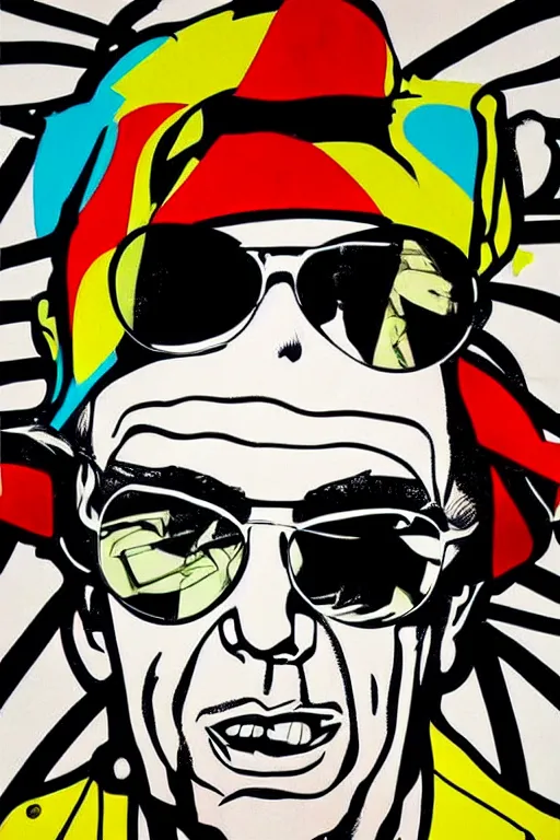 Image similar to Wall mural portrait of Hunter S Thompson, urban art, pop art, artgerm, by Roy Lichtenstein