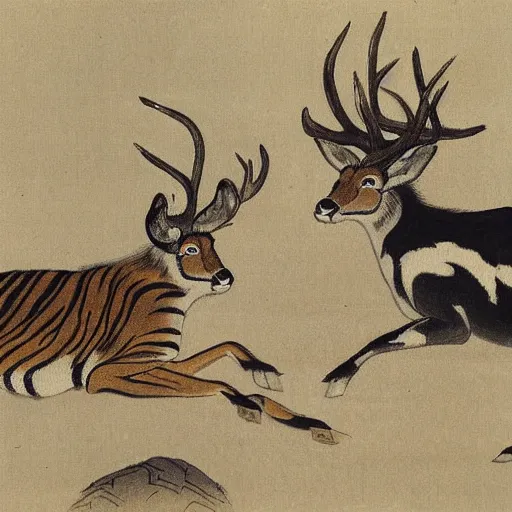 Image similar to a painting of deer in tiger skin and tiger in deer skin facing each other, their heads bowed towards ground by ohara koson