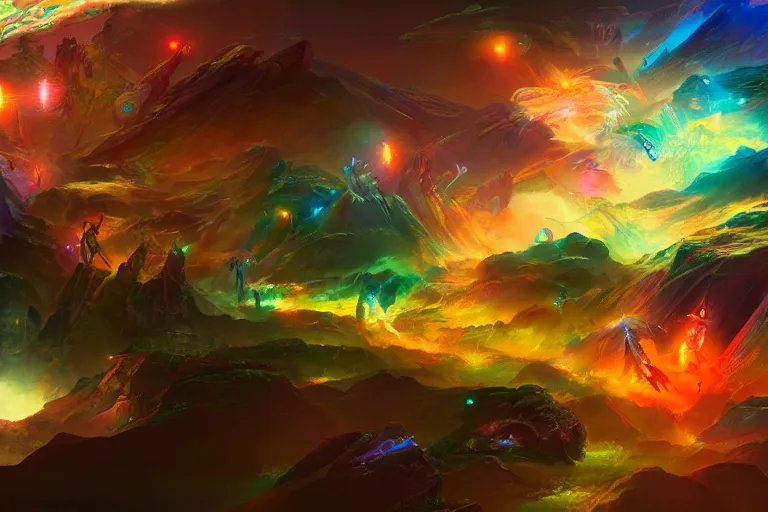 Image similar to infographic of a [ psychedelic heavenly realm ] in the style of a ~ ~ ~ [ three dimensional holographic multiverse ] ~ ~ ~ highly detailed digital saturated colors full color drawn by ~ ~ ~ [ wlop ] and [ greg rutkowski ] and [ ruan jia ]