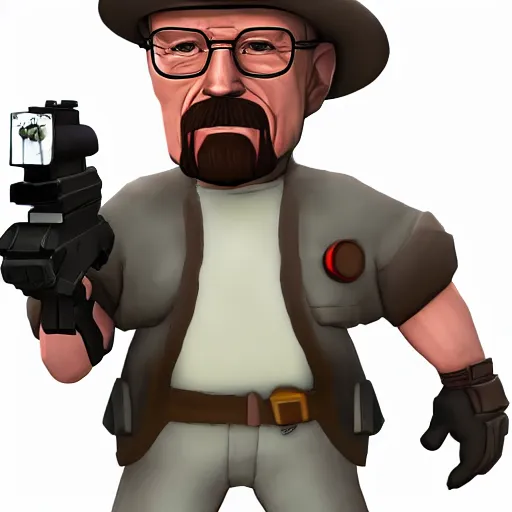 Image similar to walter white as team fortress 2 sniper, cartoonish, valve, 2 fort, sunny, red, sniper rifle, jarate, highly detailed