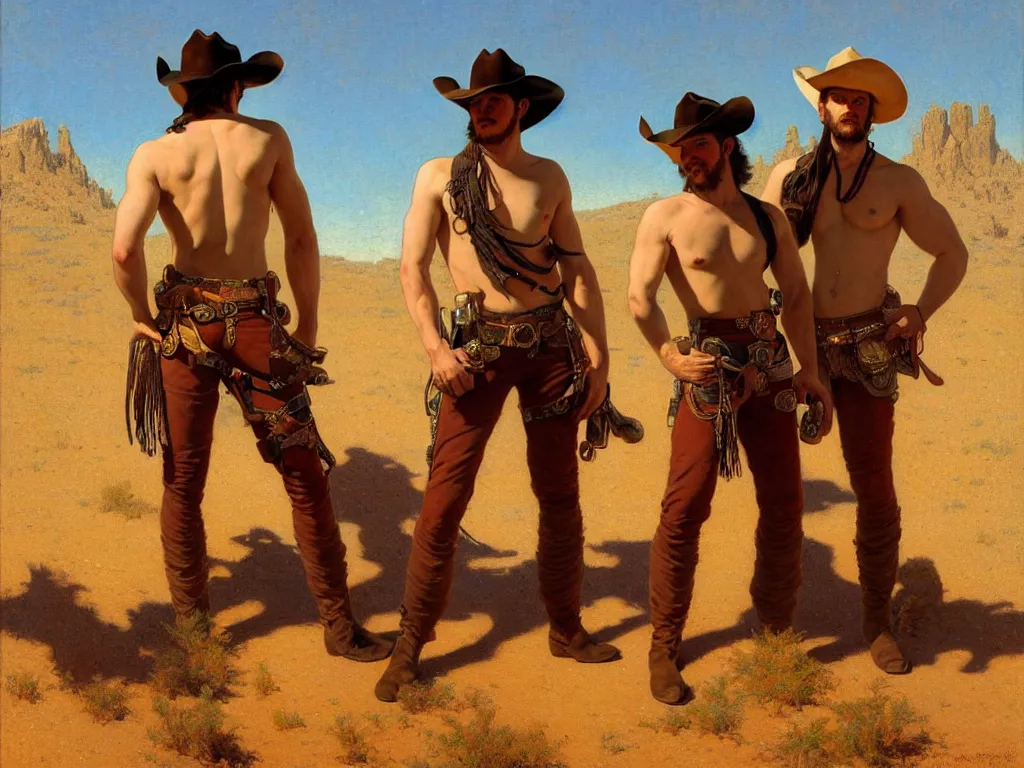 Prompt: a homoerotic painting of a pair of attractive shirtless gunslingers, they are in love, they are wearing bandoliers, cowboy hats, and fringed leather, twilight red desert mesa, natural lighting, path traced, highly detailed, high quality, digital painting, by gaston bussiere, craig mullins, alphonse mucha, j. c. leyendecker