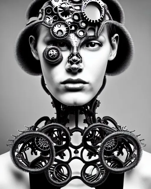 Image similar to surreal black and white photo portrait of complex biomechanical young female cyborg with a mandelbrot fractal metal fine lace face, silver hair, 150 mm lens, soft rim light, fine metal floral foliage super big lace collar, Alexander McQueen, high fashion, haute couture, rococo, steampunk, silver filigree details, anatomical, facial muscles, cable wires, microchip, elegant, hyper realistic, octane render, unreal engine, by Man Ray and Dora Maar, volumetric lighting, 8k,