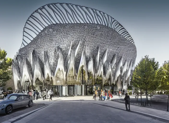 Prompt: mercedes exhibition center exterior designed by antoni gaudi, and concept art