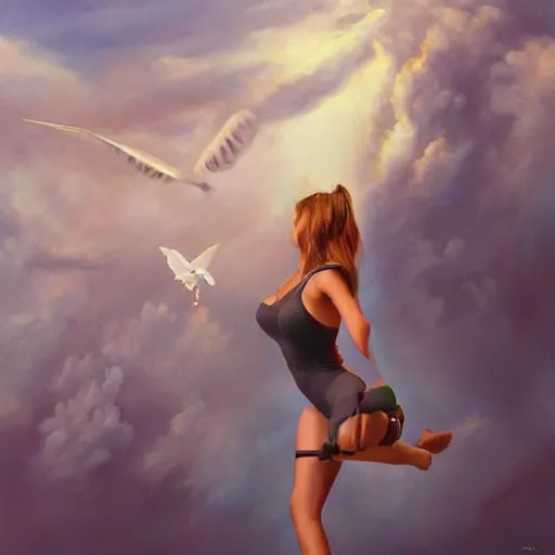 Image similar to learning to fly, first person point of view, realisting painting, artgerm, james raiz