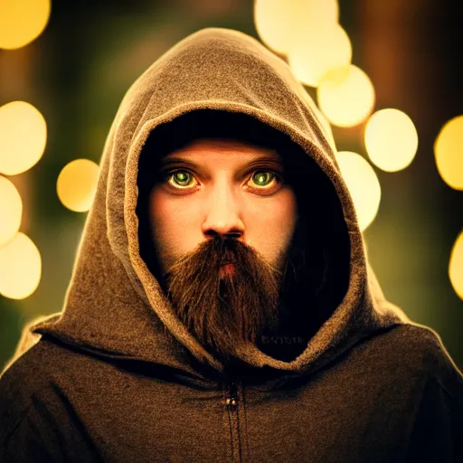 Image similar to portrait of a mysterious wizard with a Hood, bright eyes, fantasy, bokeh, magic lights, cinematic