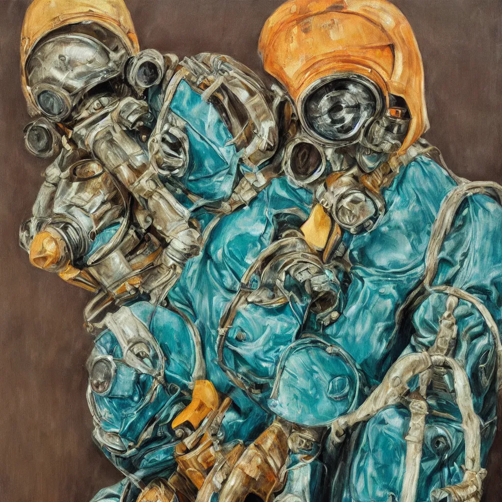 Image similar to high quality high detail painting by lucian freud, jenny savile, scifi soldier with gas mask, turquoise, hd