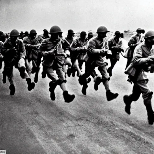 Image similar to the running soldiers in the d - day, by robert capa,