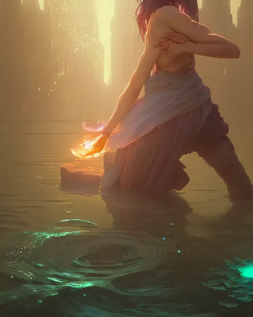 Image similar to highly detailed vfx portrait of a mage casting a water spell, unreal engine, greg rutkowski, loish, rhads, beeple, makoto shinkai and lois van baarle, ilya kuvshinov, rossdraws, tom bagshaw, alphonse mucha, global illumination, detailed and intricate environment