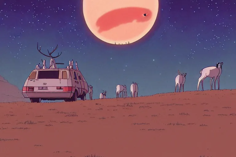 Prompt: a still from a studio ghibli film of a group of deer watching giant ufo from princess mononoke ( 2 0 0 4 ) at night on a desert road, full body, wide shot, very muted colors, post grunge, studio ghibli, laurie greasley, highly detailed, deviantart, art by artgem