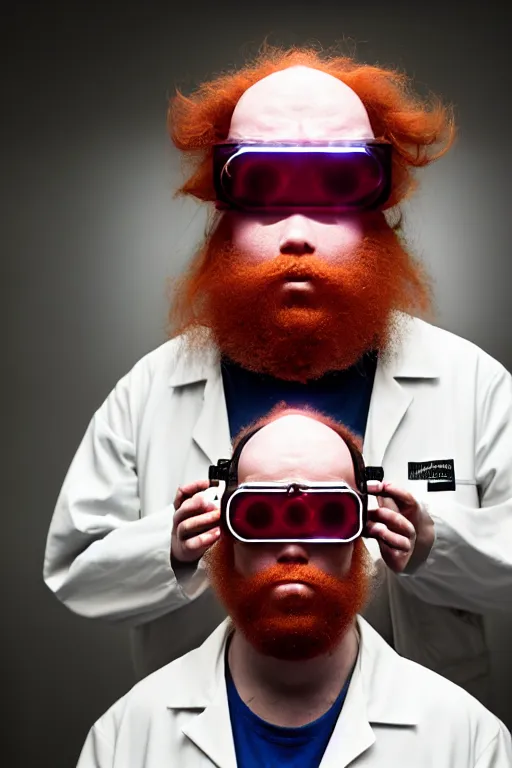 Image similar to a person with 3 eyes, person with a 3rd eye in the middle of their forehead, an awkwardly tall scientist with 3 eyes and a tangled beard and unruly red hair atop his balding head wearing a headlamp a labcoat and welding goggles and holding a beaker, led headlamp, high resolution film still, movie by Ivan Reitman