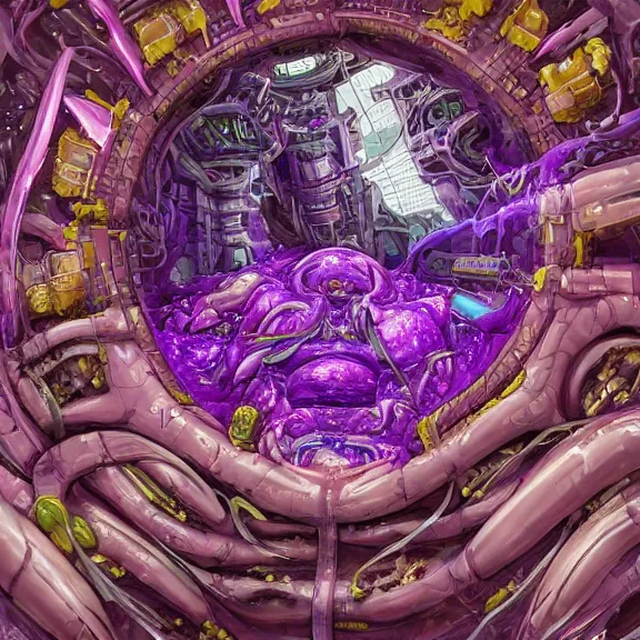 Image similar to detailed shot inside a goddess mecha dragon's cavernous living stomach, the walls purple, ribbed, and pulsing, slimy and hot, lots of acid pooling up on the floor, digesting a bunch humans that ended up inside, food pov, micro pov, vore, digital art, furry art, high quality, 8k 3D realistic, macro art, micro art, Furaffinity, Deviantart, Eka's Portal, G6