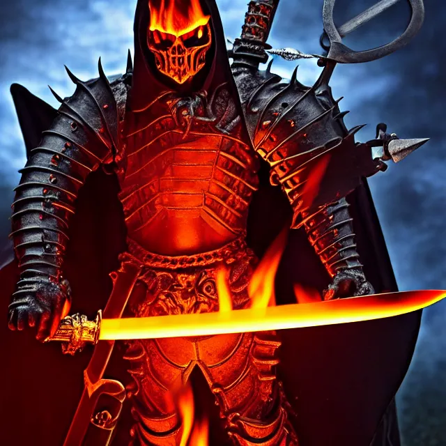 Image similar to hell knight with a flaming sword, highly detailed, 4 k, hdr, smooth, sharp focus, high resolution, award - winning photo, anne stokes, photorealistic
