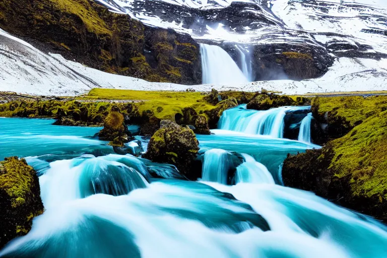 Image similar to photo of a landscape with mountains with waterfalls and snow on top, wallpaper, very very wide shot, blue glacier, iceland, new zeeland, green flush moss, professional landscape photography, sunny, day time, beautiful