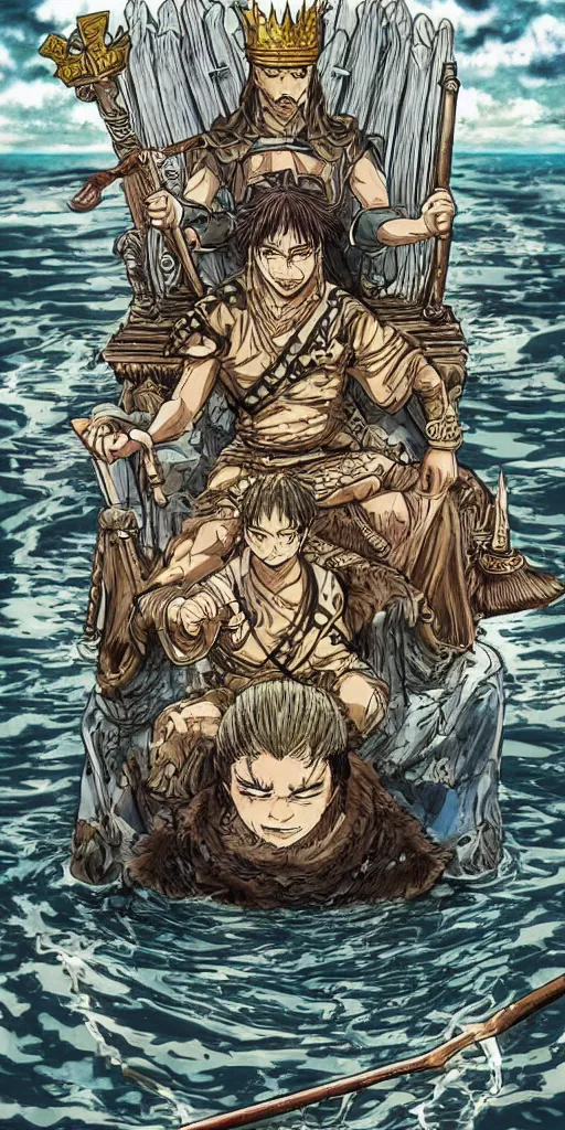 Image similar to a king sitting on a throne floating on water in the middle of a lake drawn by Makoto Yukimura in the style of Vinland saga anime, full color