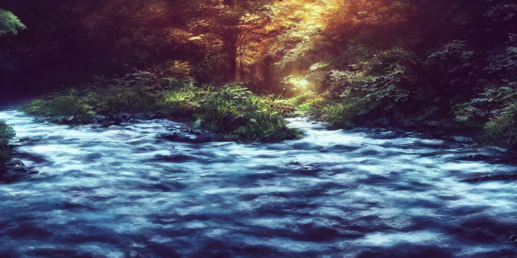 Prompt: a river, cinematic angle, studio Ghibli, digital art, cinematic lighting, detailed oil painting, hyperrealistic, 8k