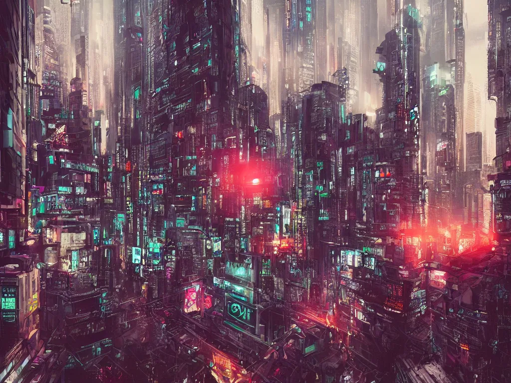 Image similar to a cinematic busy cyberpunk street in a mega city, large mega corp buildings dominate the skyline at dusk, cyberpunk art by liam wong, cgsociety, retrofuturism, futuristic, cityscape, dystopian art