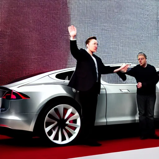 Image similar to a beautiful roman mosaic of elon musk unveiling a new tesla car