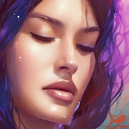 Prompt: electric woman with eyes closed, cute - fine - face, pretty face, oil slick hair, realistic shaded perfect face, extremely fine details, realistic shaded lighting, dynamic background, artgerm, 8 k ultra realistic, highly detailed, art by sylvain sarrailh, alena aenami, jeremy lipkin, michael garmash, ando tadao, kan liu