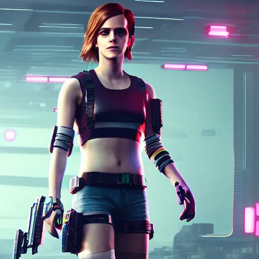 Prompt: Emma Watson in Cyberpunk 2077. 3D Render