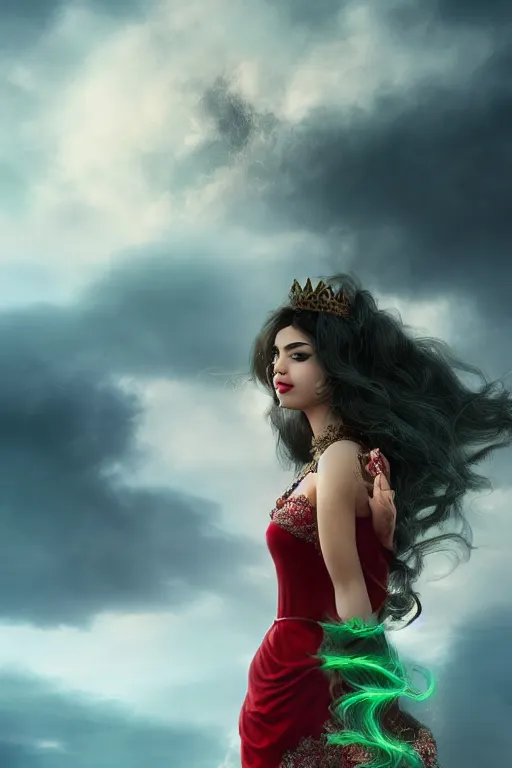 Image similar to dreamy beautiful persian asian princess in clouds, green eyes, red dress, long black curly hair, smiling, wearing a diamond tiara, face, highly detailed, artstation, concept art, sharp focus, hyper realistic, octane render, unreal engine, 8 k