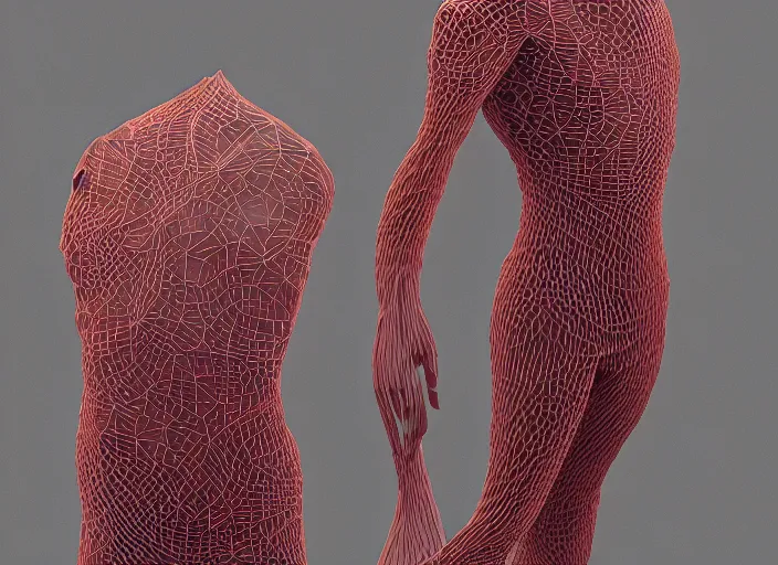 Prompt: man in the style of dustin yellin, miles johnston, keita morimoto, kuroda seiki, ozabu, john william godward, iris van herpen 3 d print, abstract, render, houdini, redshift, octane, caustics