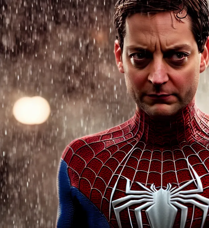 Image similar to cinematic of tobey maguire as spiderman, dramatic rain, 8 k, moody lighting