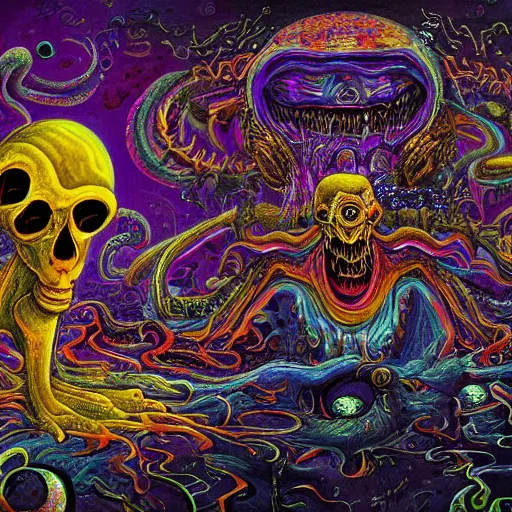 Prompt: a fine hyper - detailed painting of complex conceptual moments in chaotic dreams with deformed beings that appear and disappear, cosmic horror psychedelic weird bizarre art