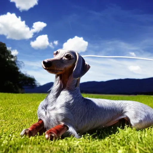 Image similar to stock photo of an elderly, light gray wire-haired dachshund floating in heaven, blue sky, white clouds