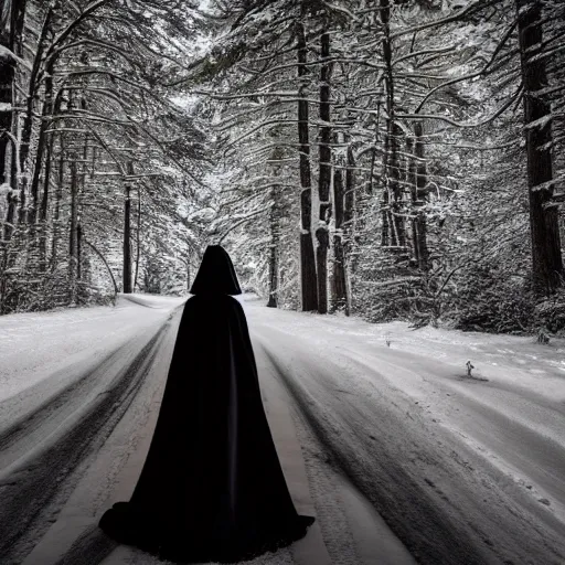 Prompt: lady dressed in a long black robe standing in the shadows of a snowy forest at night