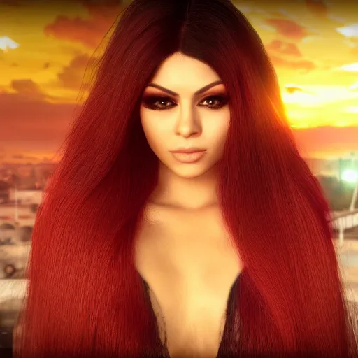 Image similar to portait haifa wehbe centred, very long hair, hd, bright colors, final fantasy, unreal engine 5 highly rendered, global illumination, radiant light