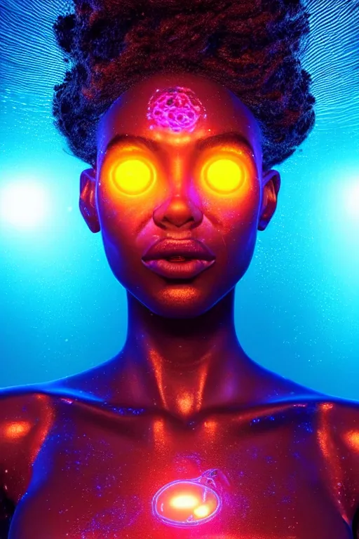 Image similar to hyperrealistic cybernetic cinematic bioluminescent very expressive! oshun goddess underwater, whole body, highly detailed face, digital art masterpiece, smooth eric zener cam de leon, dramatic pearlescent turquoise light on one side, low angle uhd 8 k, shallow depth of field