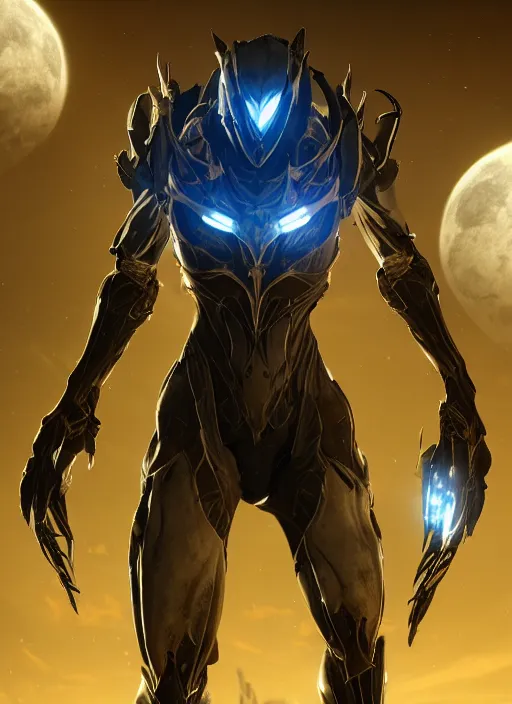 Prompt: warframe!! standing in a field at night, night time, moonlight, dark blue sky, finely illustrated, highly detailed, octane render, glowing bio lights, glowing eyes, good value control, good edge control, anime, animation, watercolor texture, 8 k, segmented armor, segmented organic armor, moody lighting