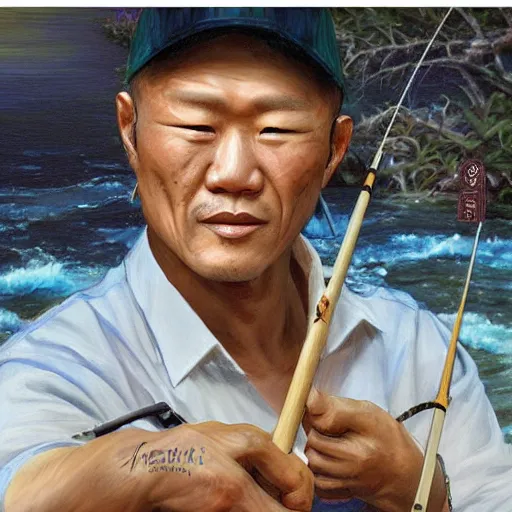 Prompt: portrait of minoru suzuki fishing, an oil painting by ross tran and thomas kincade