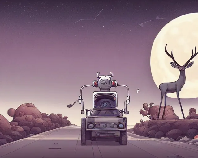 Image similar to a cell shaded cartoon grey santa! + deer robot, with a big head, on a desert road, wide shot, in front of a big moon, muted colors, post grunge, josan gonzales, wlop, by james jean, victor ngai, hq, deviantart, art by artgem