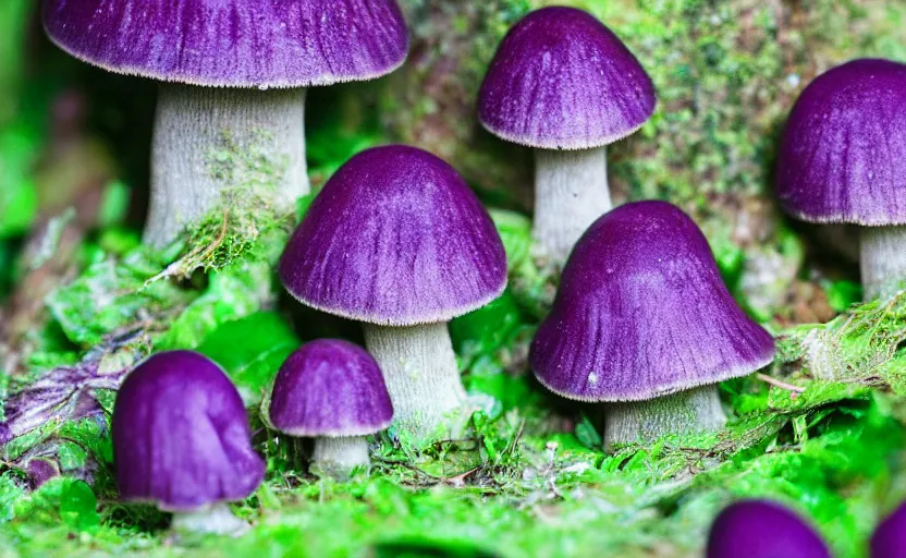 Prompt: a photography of a purple mushroom family in a rainforest, intricate detail, photorealistic