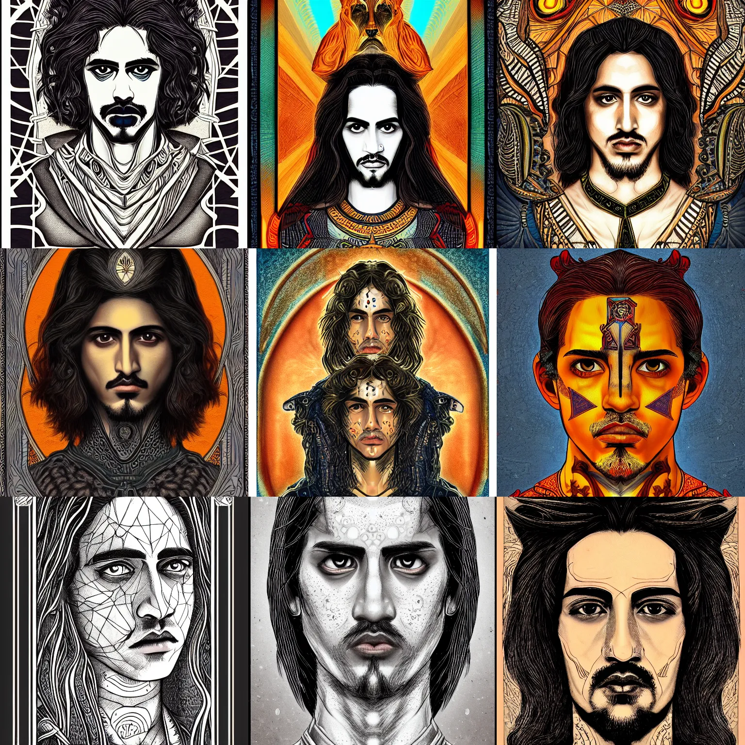 Prompt: head-on symmetrical centered painted portrait, Avan jogia Angel, tarot card style, fantasy, intricate, highly detailed, smooth, sharp focus, illustration, artstation, in the style of WOLP