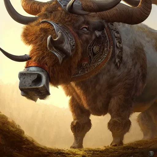 Image similar to digital painting of an ox as a viking by filipe pagliuso and justin gerard, symmetric, fantasy, highly, detailed, realistic, intricate