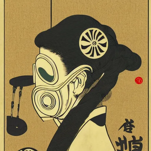 Image similar to Gas mask in Ukiyo-e style, haunting + insanely detailed and intricate, movie poster style