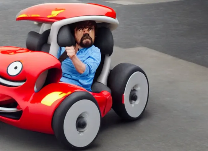 Image similar to peter dinklage driving a little tikes car, movie still, from the new fast and furious movie, 8 k, realistic